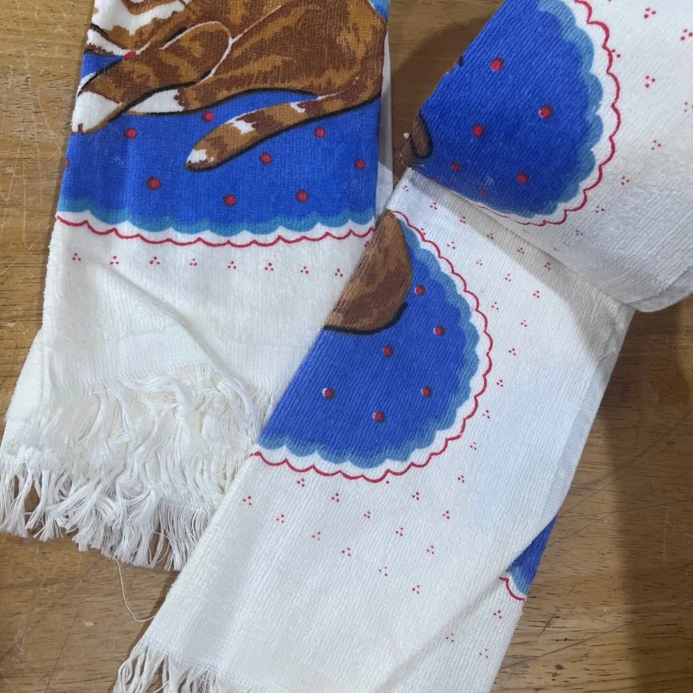 Vtg American Pacific Ginger Tabby Cat‎ Hand Towels Set 2 Fringe Cottagecore